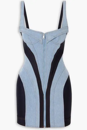 MUGLER Paneled denim and stretch-jersey mini dress - Blue