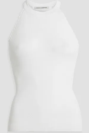AUTUMN CASHMERE Scalloped cutout ribbed-knit halterneck top