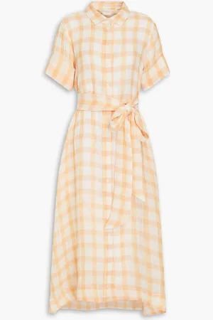 Lisa Marie Fernandez Belted checked linen-blend gauze midi shirt dress - Orange