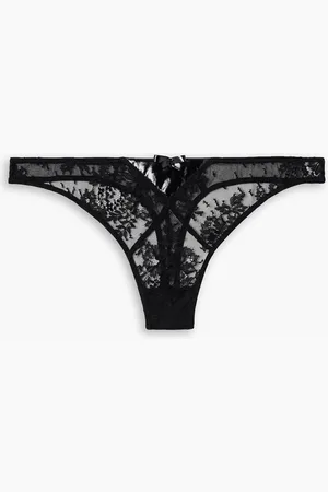 FLEUR DU MAL Frankie faux patent leather-trimmed embroidered tulle thong