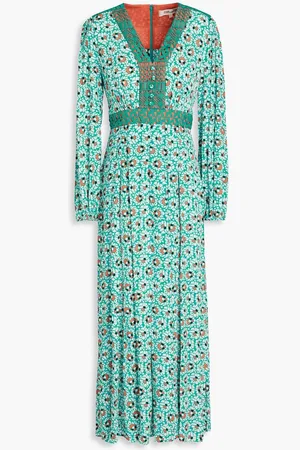 Diane von Furstenberg Anjali guipure lace-trimmed printed crepe midi dress - Green