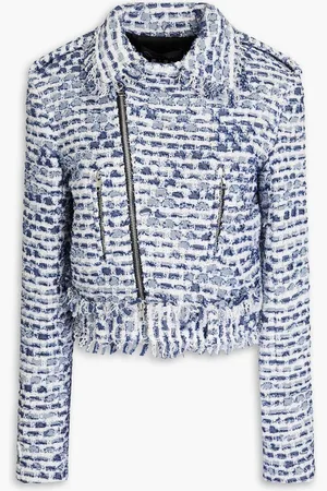 Oscar de la Renta Cropped cotton-blend bouclé-tweed biker jacket - Blue