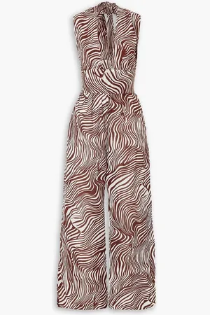 FAITHFULL THE BRAND Vacanza zebra-print crinkled linen-blend halterneck jumpsuit