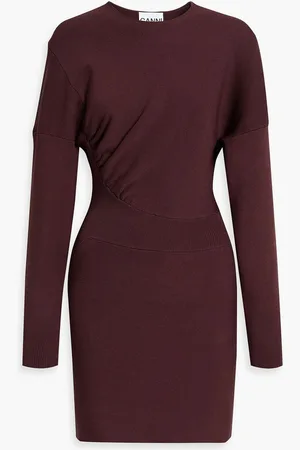 Ganni Ruched ribbed-knit mini dress - Purple