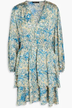 Maje Tiered printed satin mini dress - Blue