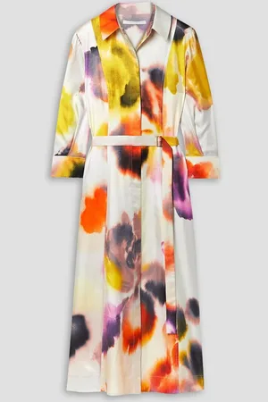 Jason Wu Belted printed silk-satin twill midi shirt dress - White