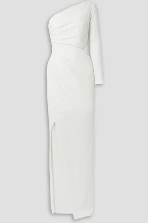 Semsem One-shoulder cutout sequined knitted gown