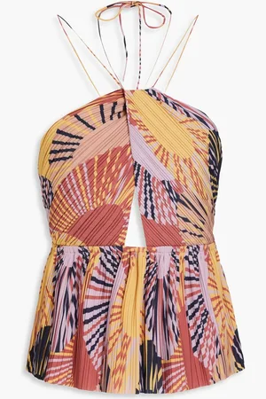 Bash Cutout printed plissé-crepe halterneck top - Pink