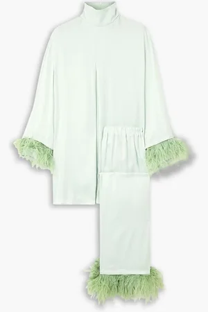 Sleeper Feather-trimmed satin pajama set - Green