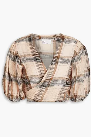 Lisa Marie Fernandez Cropped checked linen-blend gauze wrap top - Orange