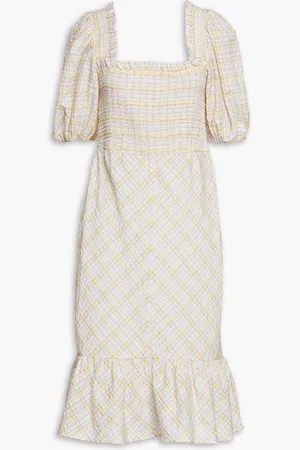 Ganni Checked organic cotton-blend seersucker dress - Yellow