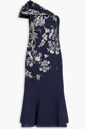 Marchesa Notte One-shoulder metallic cloqué-jacquard midi dress - Blue