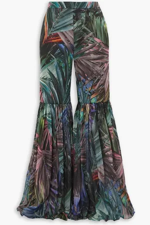 HALPERN Pleated metallic printed chiffon flared pants