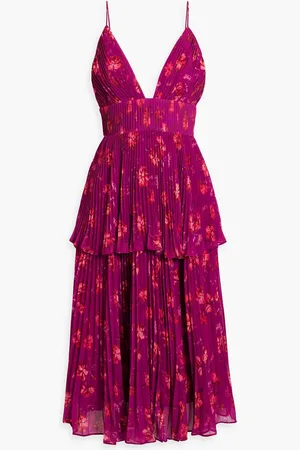 AMUR Pleated tiered crepe de chine midi dress - Purple