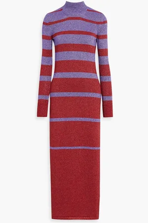 Paco rabanne Metallic striped knitted turtleneck maxi dress - Red