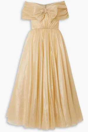 Jenny Packham Off-the-shoulder bow-detailed glittered tulle gown - Metallic