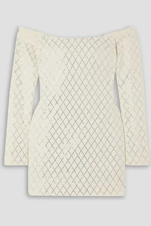 Khaite Octavia off-the-shoulder crystal-embellished wool-crepe mini dress - White