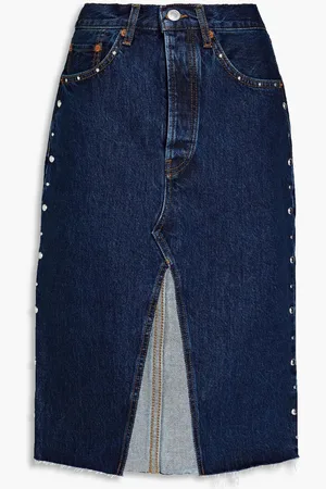 RE/DONE Frayed studded denim pencil skirt - Blue