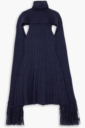 Thebe Magugu Draped fringed ribbed cable-knit wool and mohair-blend dress - Blue