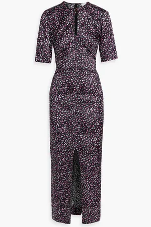 Ganni Ruched floral-print stretch-silk satin midi dress