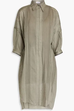 Brunello Cucinelli Bead-embellished striped cotton and silk-blend seersucker midi shirt dress - Neutral