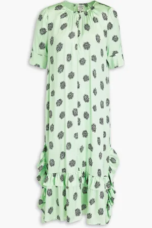 Baum und Pferdgarten Aster gathered printed stretch silk-satin midi dress - Green