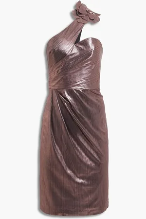 Marchesa Notte One-shoulder floral-appliquéd draped metallic striped chiffon dress - Metallic