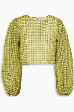 Ganni Cropped checked organza blouse - Yellow