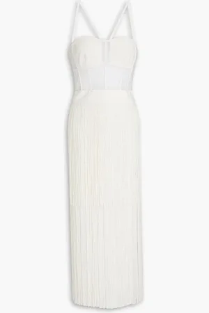 Hervé Léger Fringed knitted-paneled ponte midi dress - White