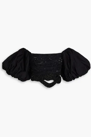 AJE New Catara off-the-shoulder cropped embellished cotton-poplin top