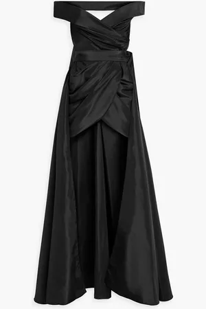 RHEA COSTA Convertible off-the-shoulder draped satin gown