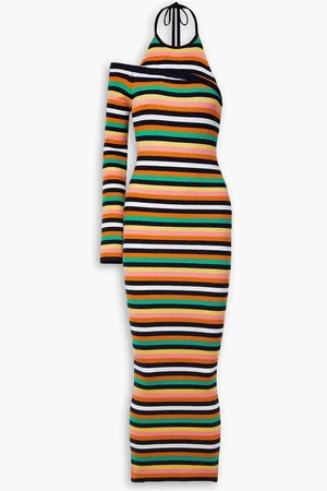 MONSE One-sleeve striped ribbed merino wool-blend halterneck midi dress