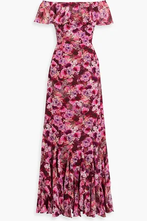 MIKAEL AGHAL Off-the-shoulder ruffled floral-print fil coupé gown - Pink
