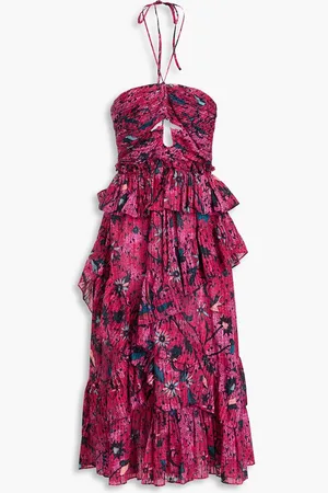 ULLA JOHNSON Simona ruffled printed cotton-blend halterneck midi dress
