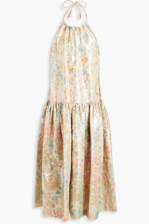 ULLA JOHNSON Tyra floral-print metallic fil coupé halterneck maxi dress - Neutral