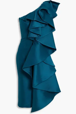 Badgley Mischka One-shoulder ruffled duchesse satin midi dress - Blue
