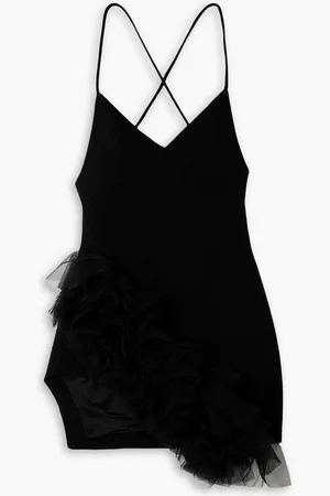 DAVID KOMA Asymmetric tulle-trimmed wool-crepe mini dress