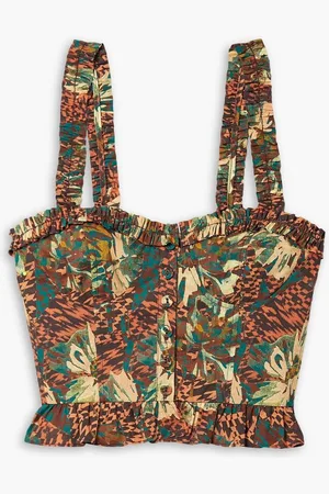 ULLA JOHNSON Alexandra cropped printed cotton-poplin top - Brown
