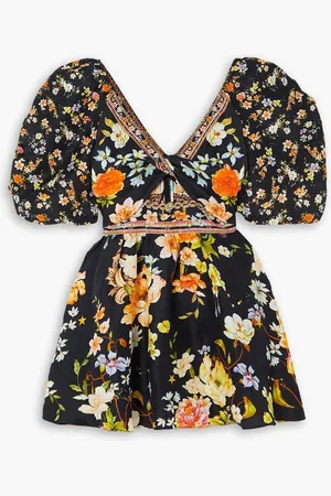 Camilla Crystal-embellished cutout floral-print linen and silk-blend mini dress