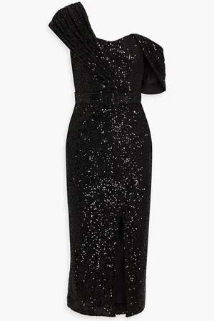 Badgley Mischka One-shoulder draped sequined tulle midi dress