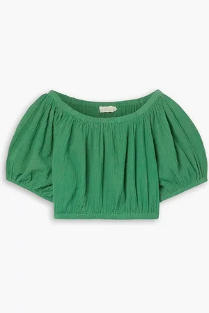 Suzie Kondi Sousanna off-the-shoulder cropped crinkled cotton-gauze top