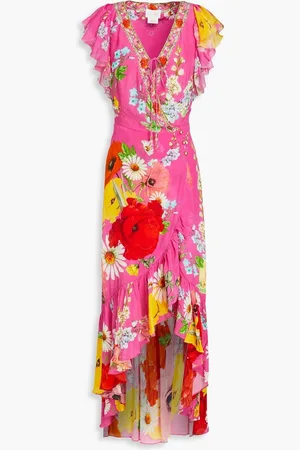 Camilla Embellished ruffled floral-print silk crepe de chine wrap dress - Pink