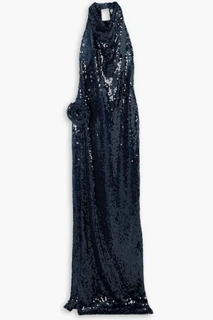 Maison Margiela Appliquéd sequined tulle halterneck maxi dress - Blue