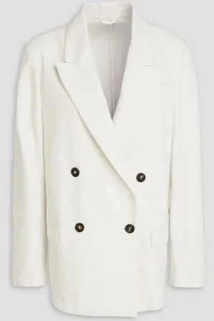 Brunello Cucinelli Double-breasted metallic cotton-blend twill blazer - White