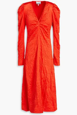 Ganni Crinkled stretch-satin midi dress - Red