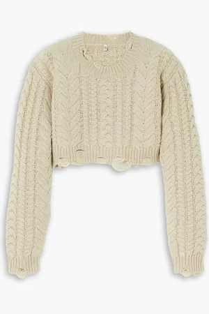 R13 Cropped distressed cable-knit wool sweater - Neutral