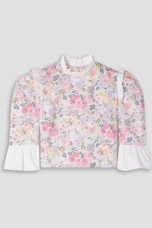 BATSHEVA Cropped ruffled floral-print cotton-poplin blouse - Pink
