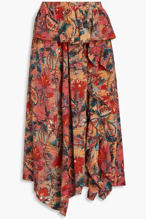 ULLA JOHNSON Ursa ruffled floral-print silk crepe de chine midi skirt - Orange