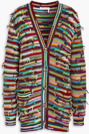 Chloé Frayed striped intarsia cashmere and wool-blend cardigan