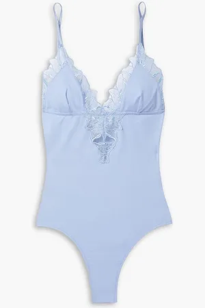 FLEUR DU MAL Lily satin and embroidered tulle-trimmed stretch-jersey bodysuit - Blue
